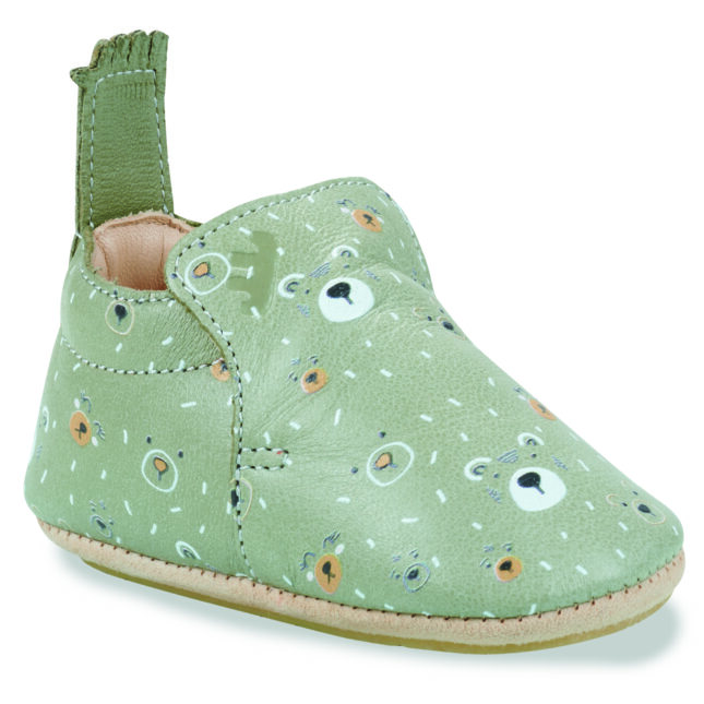 Chaussons cuir ours vert anti-glisse