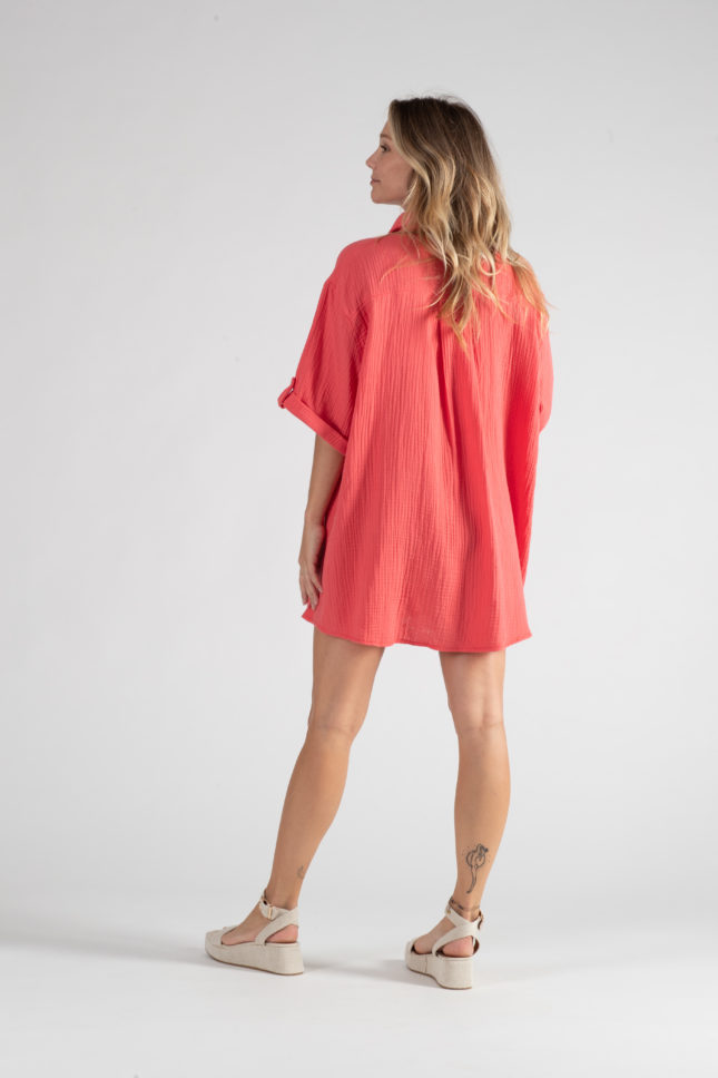 Robe chemise de grossesse et d’allaitement Bertille corail en coton bio – Image 9