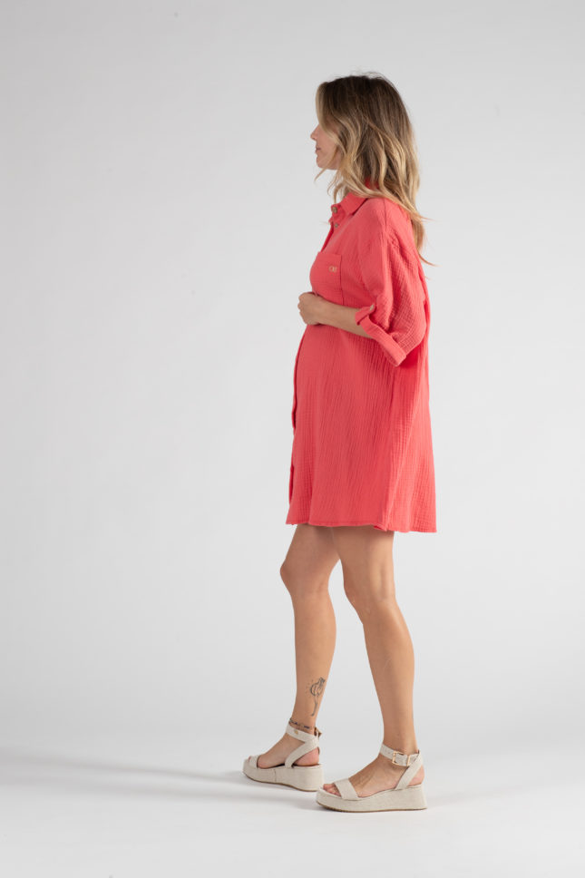 Robe chemise de grossesse et d’allaitement Bertille corail en coton bio – Image 8